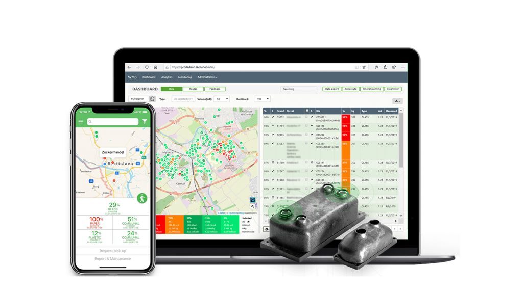 Mockup of Sensoneo software system platform, Citizen app, and samples of ultrasonic bin sensors.