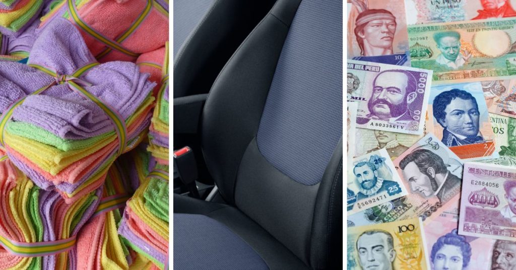 Materials recycled from textile. Rags, seat covers, money.