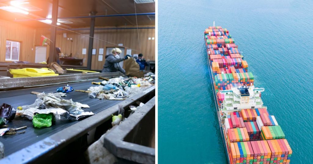Recycling textile waste shipping to third countries in large capacity containers on the boat.