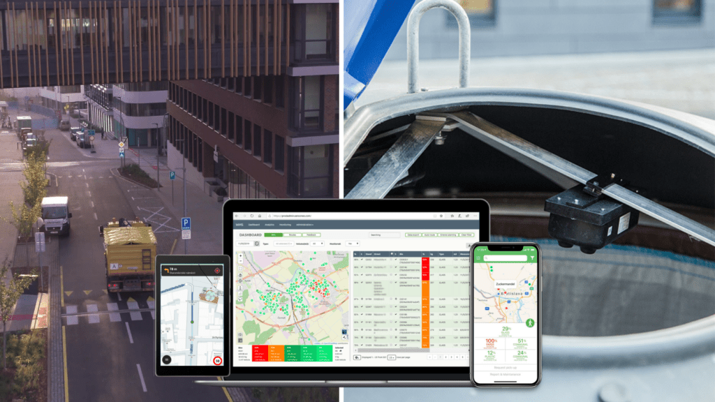 Mockups of the Sensoneo software system platform, Citizen app and Driver navigation app with the smart sensor in the bin and garbage truck on the round in the background.