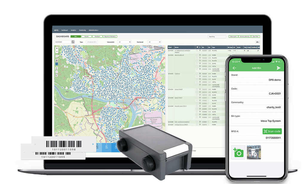 Smart Bin Tags, mockup of Sensoneo software system, Citizen App and Watchdog device.