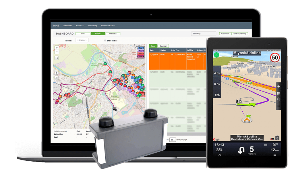 Mockup of Sensoneo software system platform, Driver navigation app and Watchdog device.