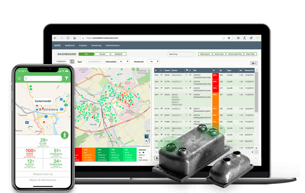 Mockups of Sensoneo software system platform, Citizen app and samples of ultrasonic bin sensors.