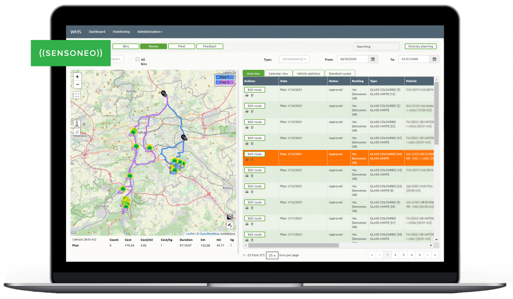 Mockup of Sensoneo software system platform where routes for waste collectors are shown.