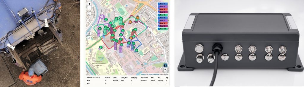 Pictures of watchdog device, watchdog device installed on the garbage truck, and screen of software system.