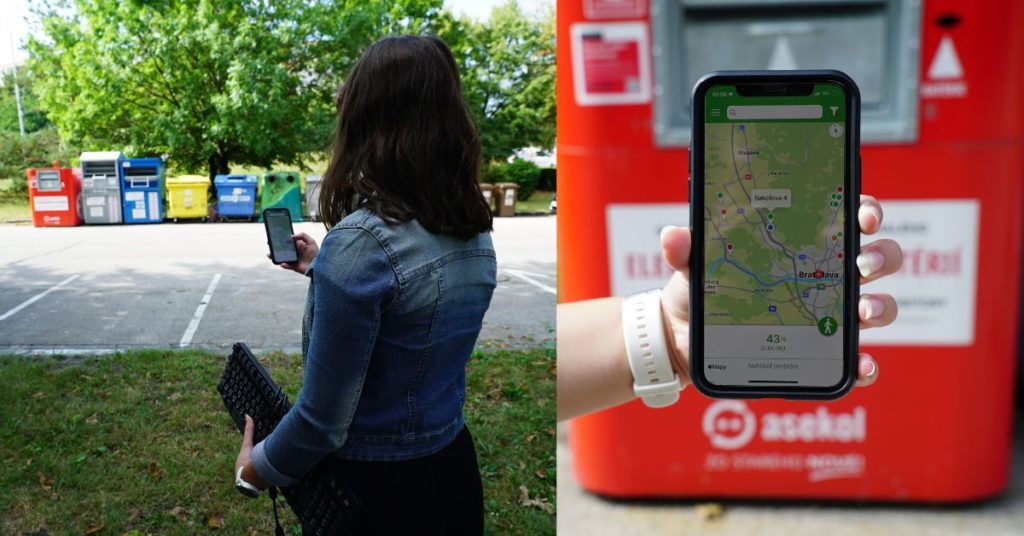 Woman standing with her back turned holding a phone in her hand. Example of Sensoneo Citizen app in phone.