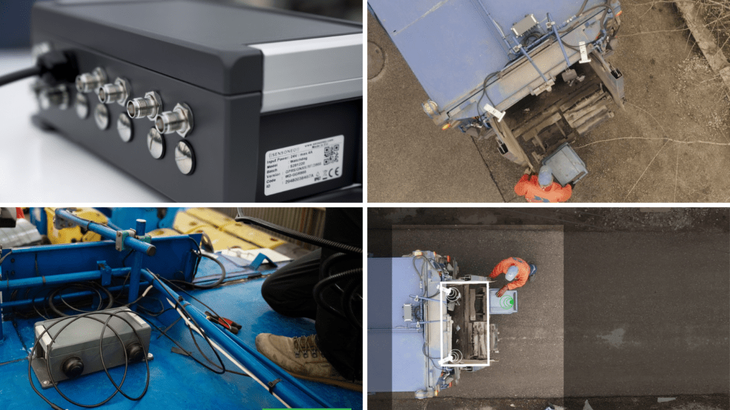 Different photos of our WatchDog device. The WatchDog on the top of the waste truck, installation of WatchDog, hardware parts of WatchDog.