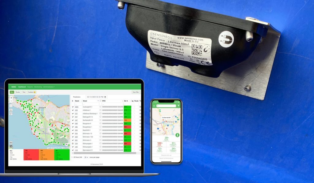 Sensoneo smart sensor in the bin. The mockup of our Smart Waste Management Software System and mobile app which display the location and the fill-level of the sensors in the city.