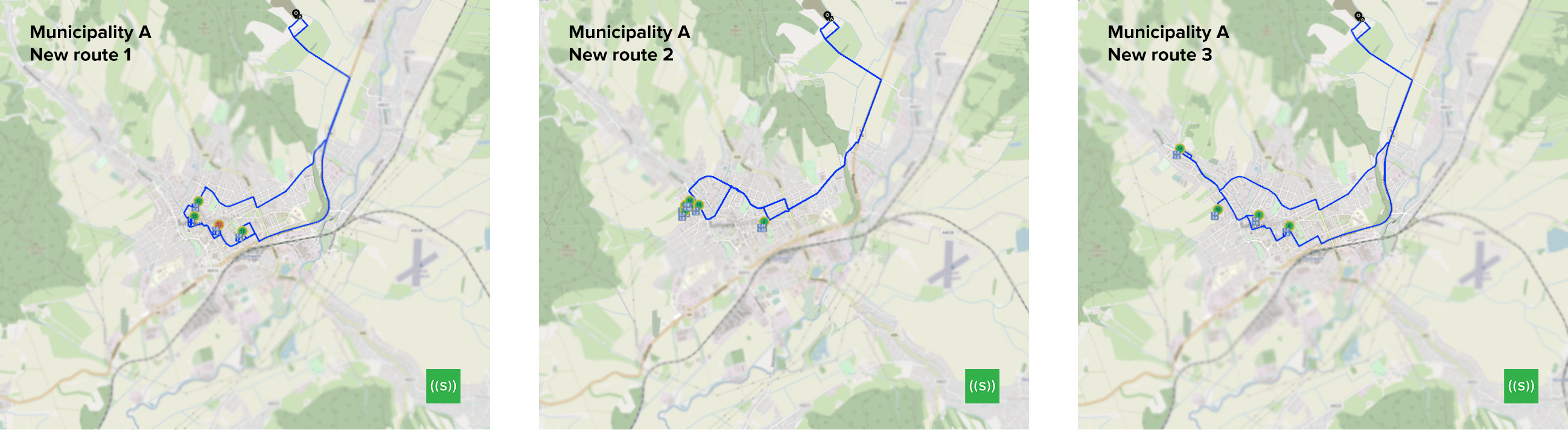 Three maps of the municipality where different collection routes are highlighted in blue. 