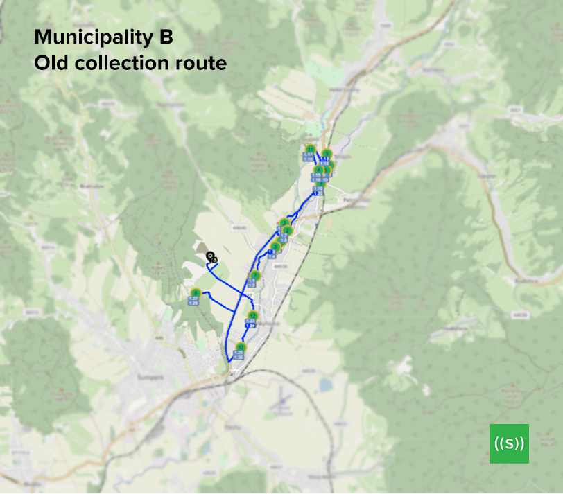 Map of the municipality where the current collection route for garbage trucks is highlighted in blue. 