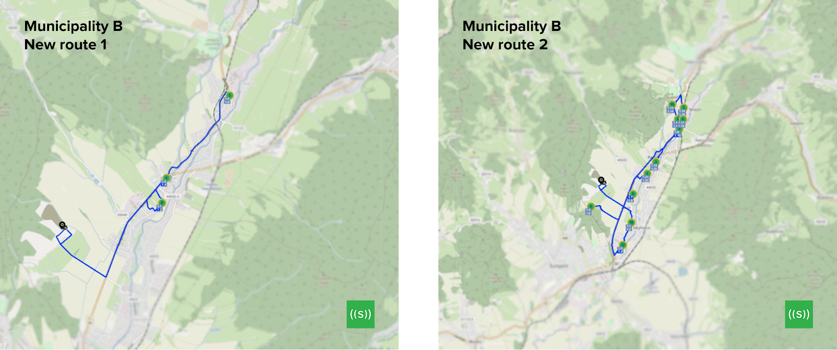 Two maps of the municipality where different collection routes are highlighted in blue. 