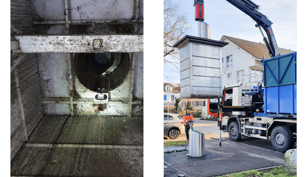 Fill-level monitoring sensor in the underground bin and garbage truck with hydraulic arm collecting waste from underground bin. 