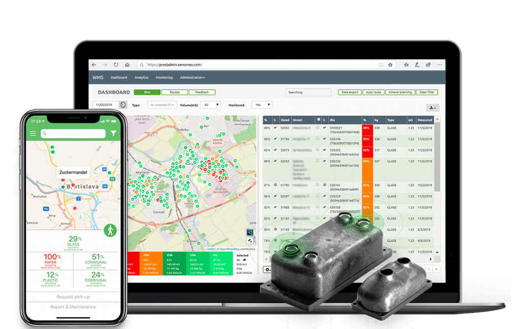 Mockup of Sensoneo software system where the data about the fill-level of the bins are available. Mockup of Sensoneo Citizen app and quatro and single sensors. 