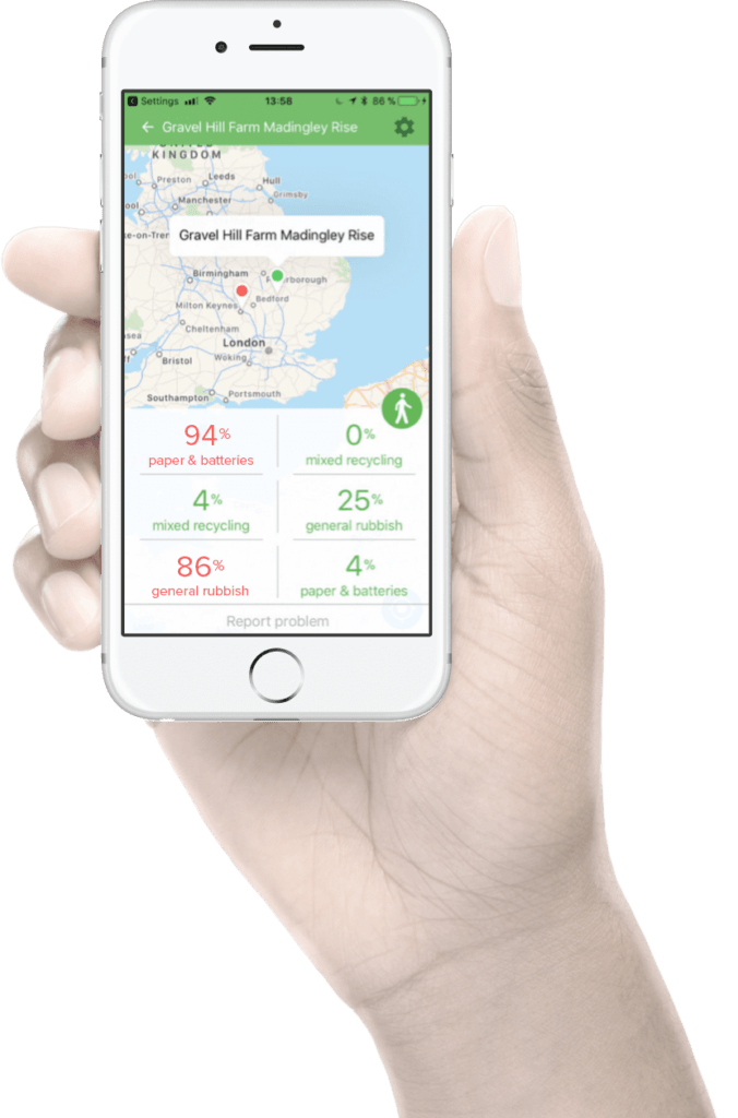 A hand holding telephone with smart waste citizen app mockup.