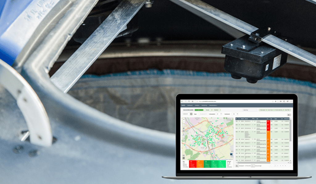 Smart sensor installed inside the container with the mockup of Sensoneo software system platform in the right corner.