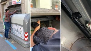 A man is installing ultrasonic sensors in the containers in Mollerussa, Spain. 