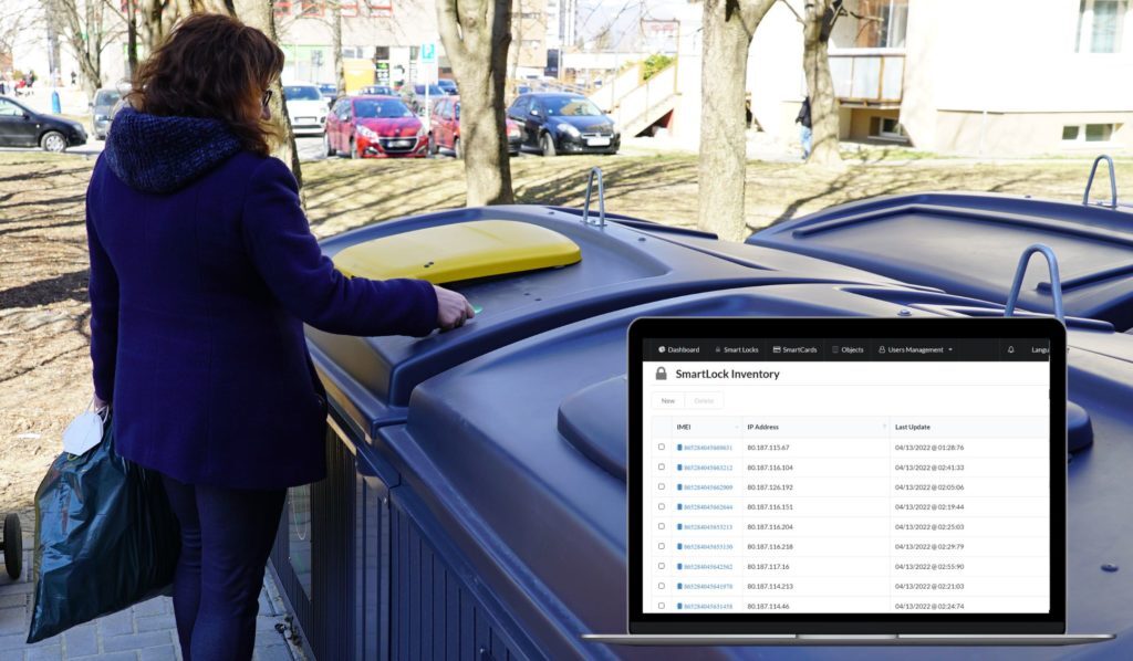 A woman opening a bin with chip to throw trash away and mockup of Lockneo, software system platform. 