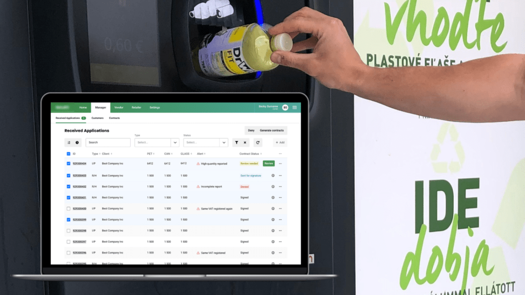 Mockup of software system where received applications could be seen. Reverse vending machines in the background.