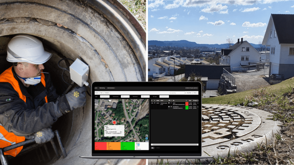 A man in a manhole is installing a radar sensor. A view of septic tank and some houses.