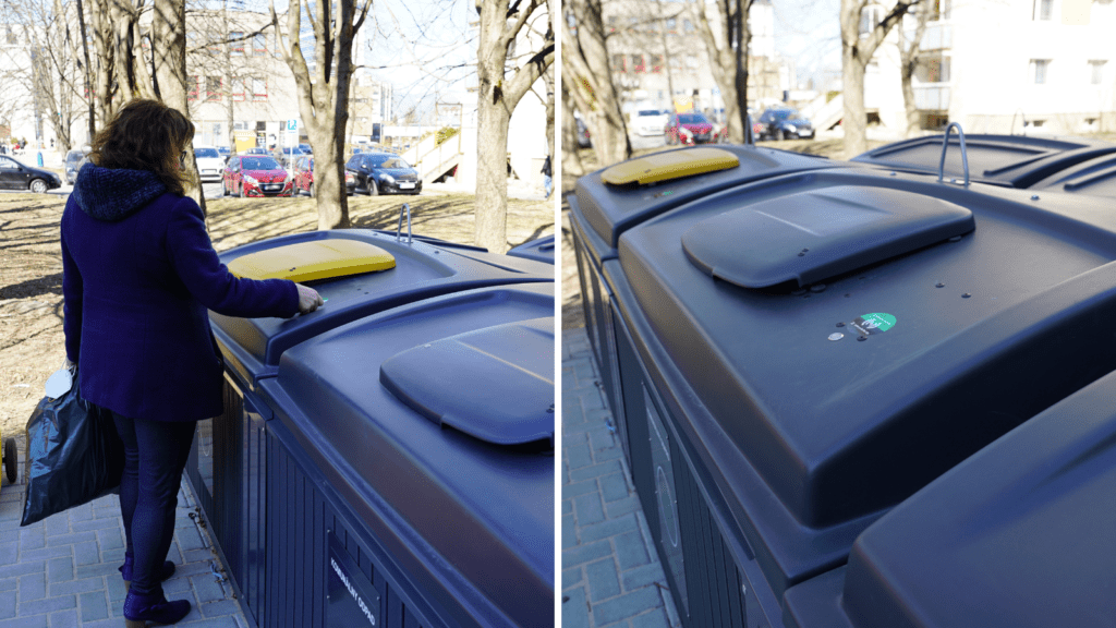 A woman is opening the semi-underground bin with a chip to throw a garbage away.