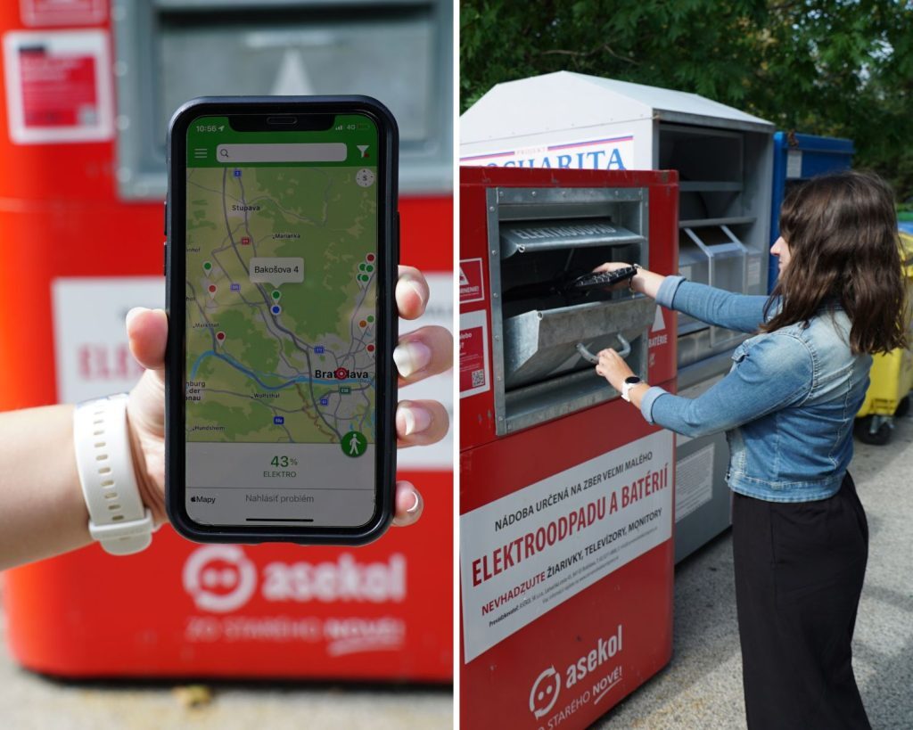 Smart waste app for citizens and a woman throwing a keyboard into the e-waste recycling bin.