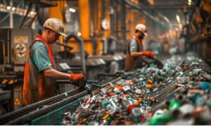 Two male waste workers sorting and processing waste in a factory.