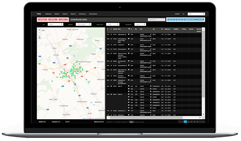 Mockup of Sensoneo software system platform that shows real-time data from sensors. 