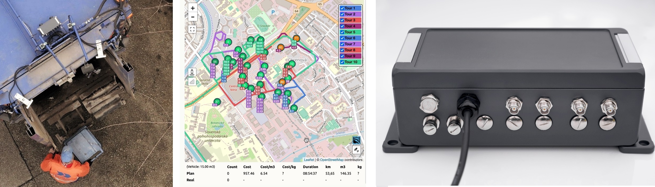 Pictures of watchdog device, watchdog device installed on the garbage truck, and screen of software system. 