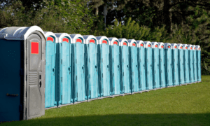 Coupe of portable toiles in a row.