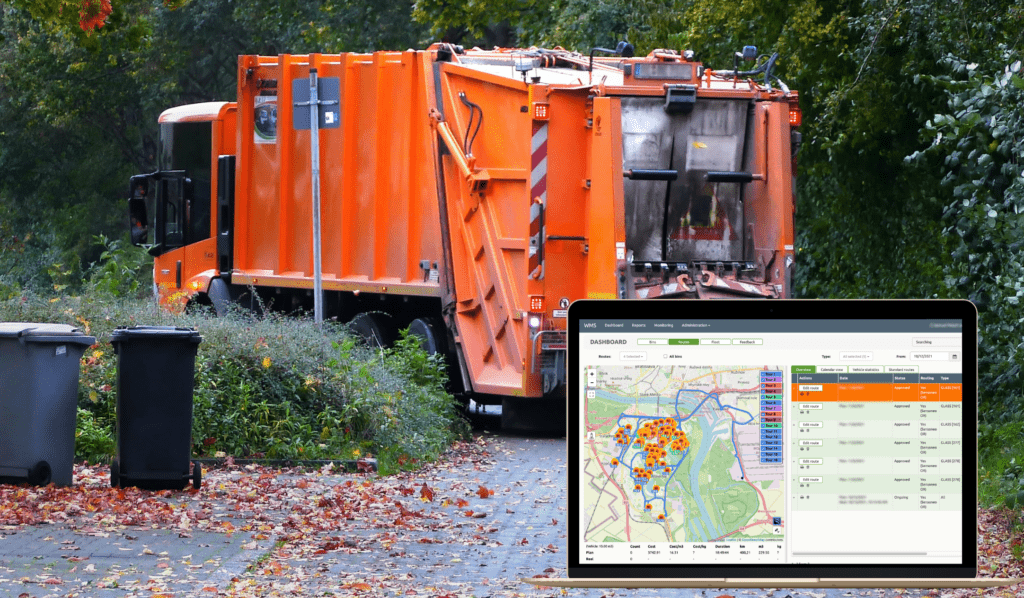 Garbage truck on the road and mockup of Sensoneo software system for route planning in the right corner. 