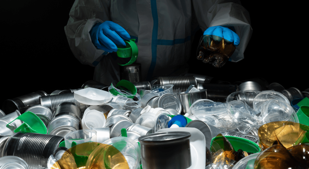 A person in a working suit sorting different types of plastic. 