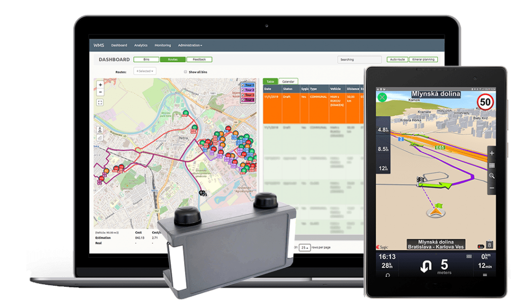 Mockup of Sensoneo software system platform, Driver navigation app and Watchdog device. 